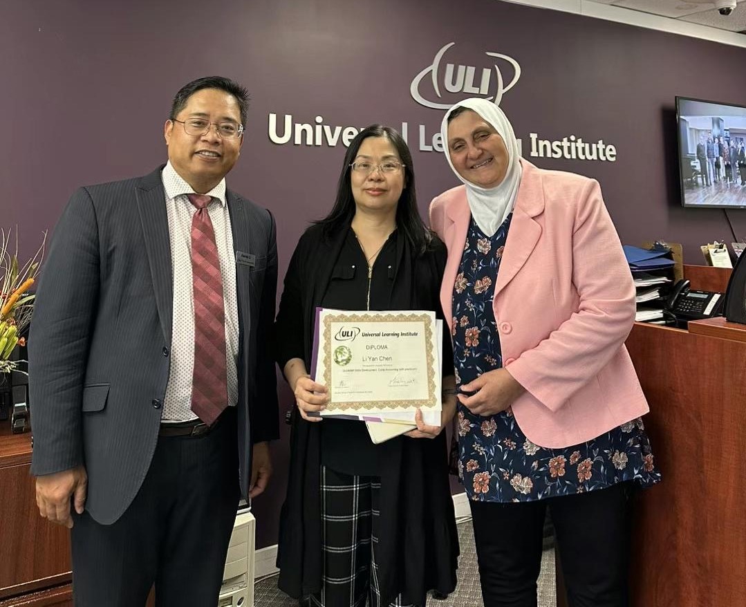 Jenny receiving her diploma delivered by Dennis, ULI President & CEO, and Mousheera, ULI Director of Student Services